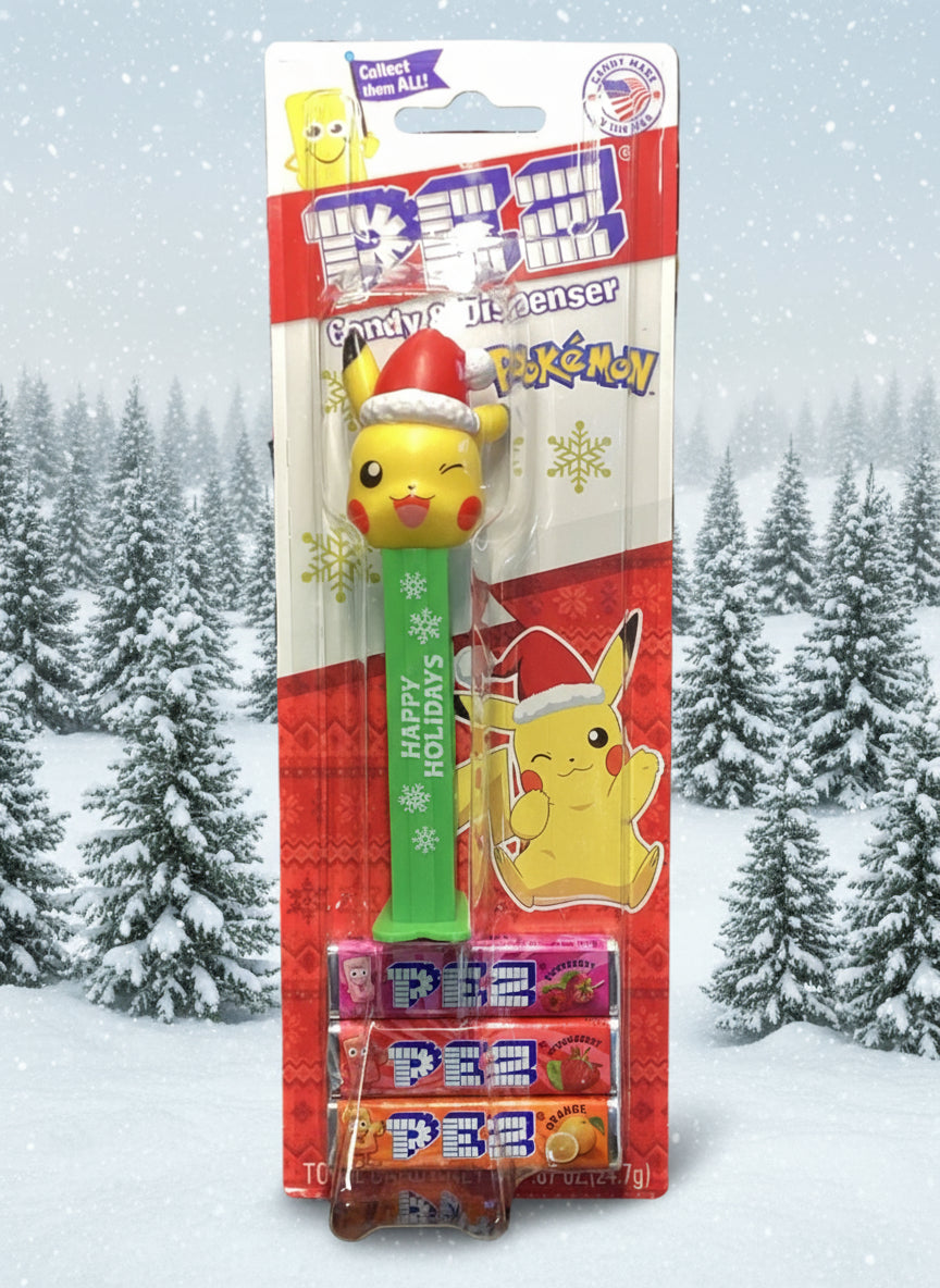 Happy Holidays Pikachu Pez With Stocking Cap and GREEN STEM, Pokemon, 2025, Loose or Mint on Card