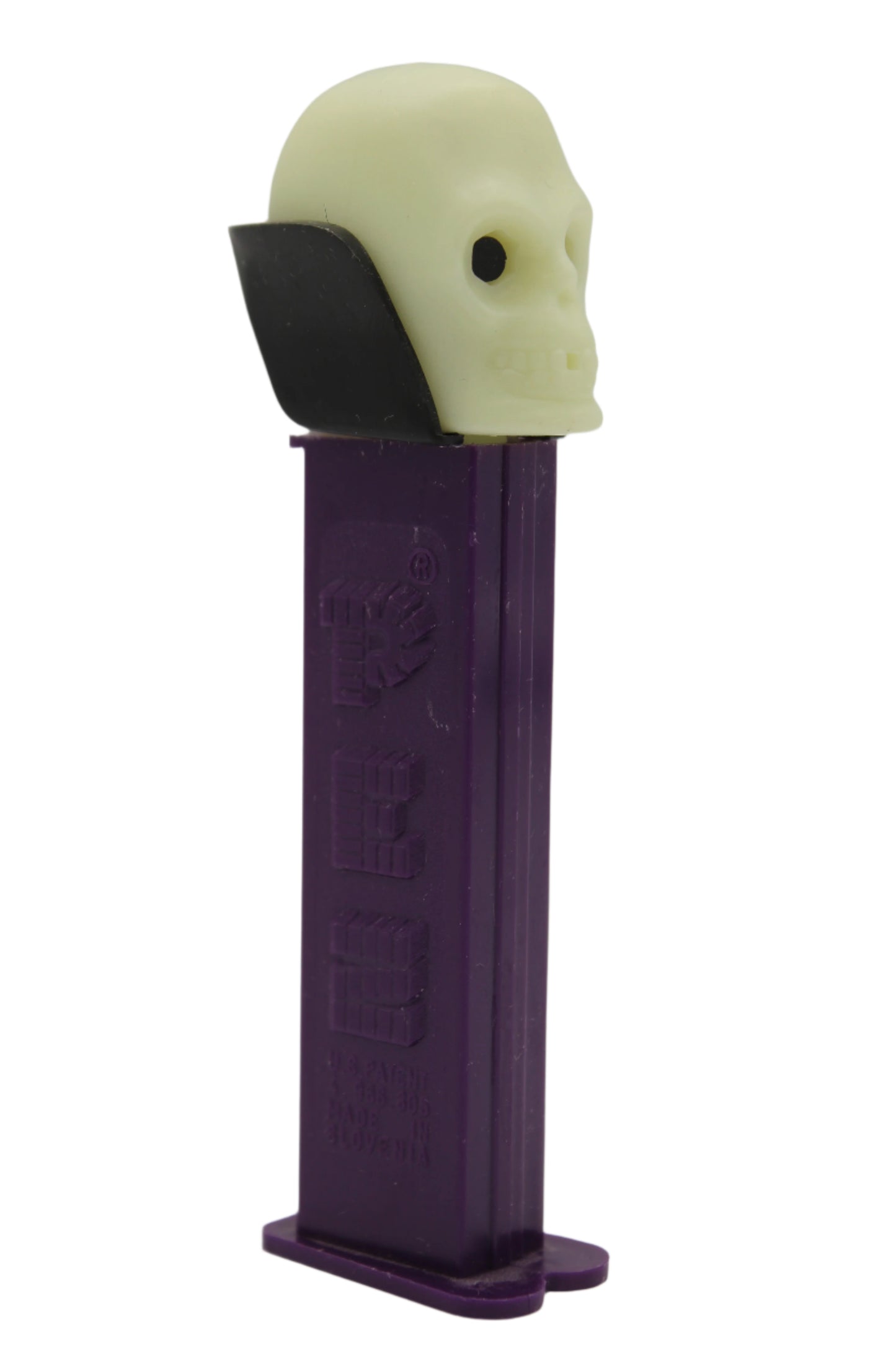 Dr Skull Pez, GLOW IN THE DARK, Vampire Pez on Purple Stem, Slovenia, Loose
