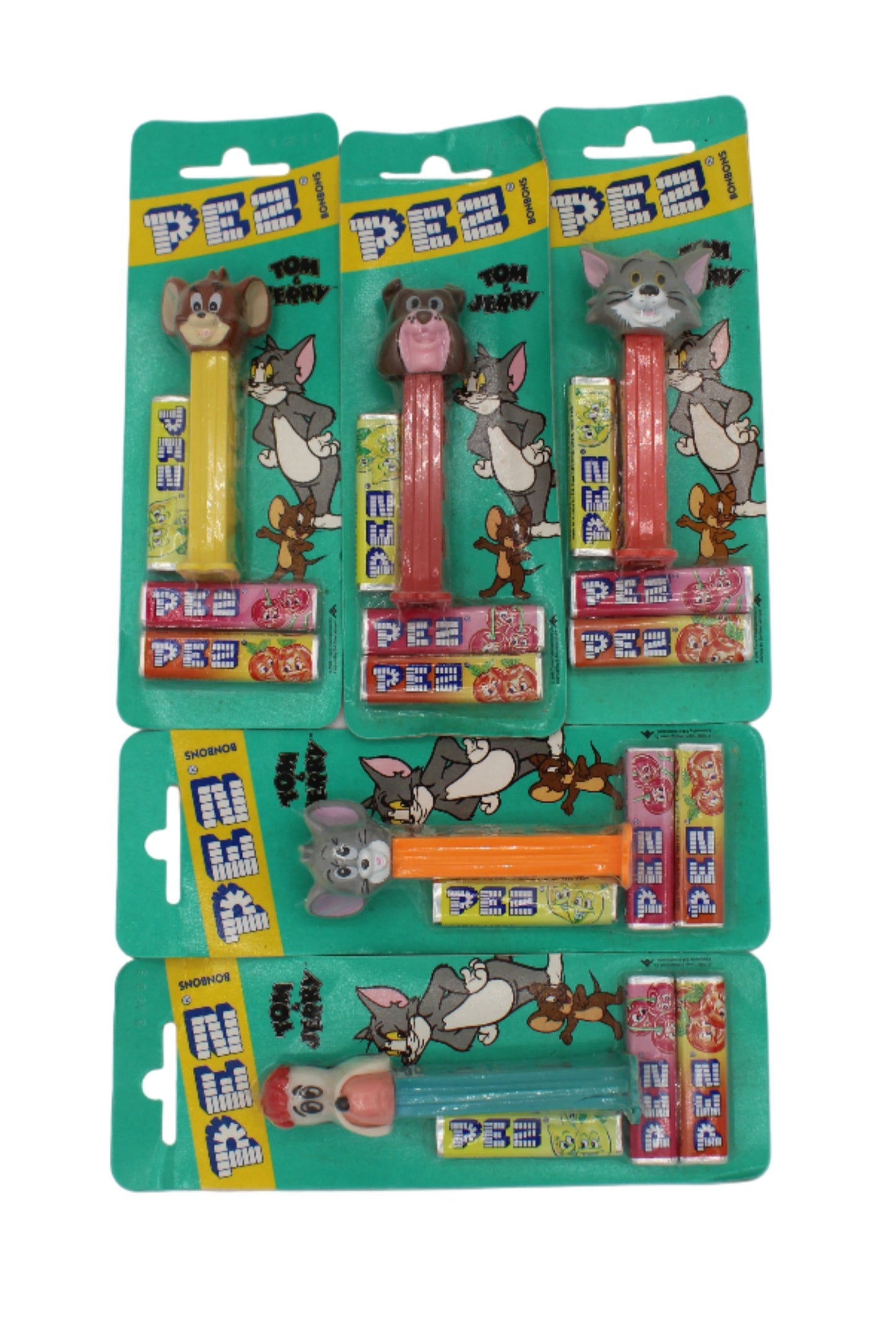 Tom & Jerry Pez, 5 Piece Set, Tom, Jerry, Spike, Droopy (cracked foot) & Tuffy, European, Mint on Card!