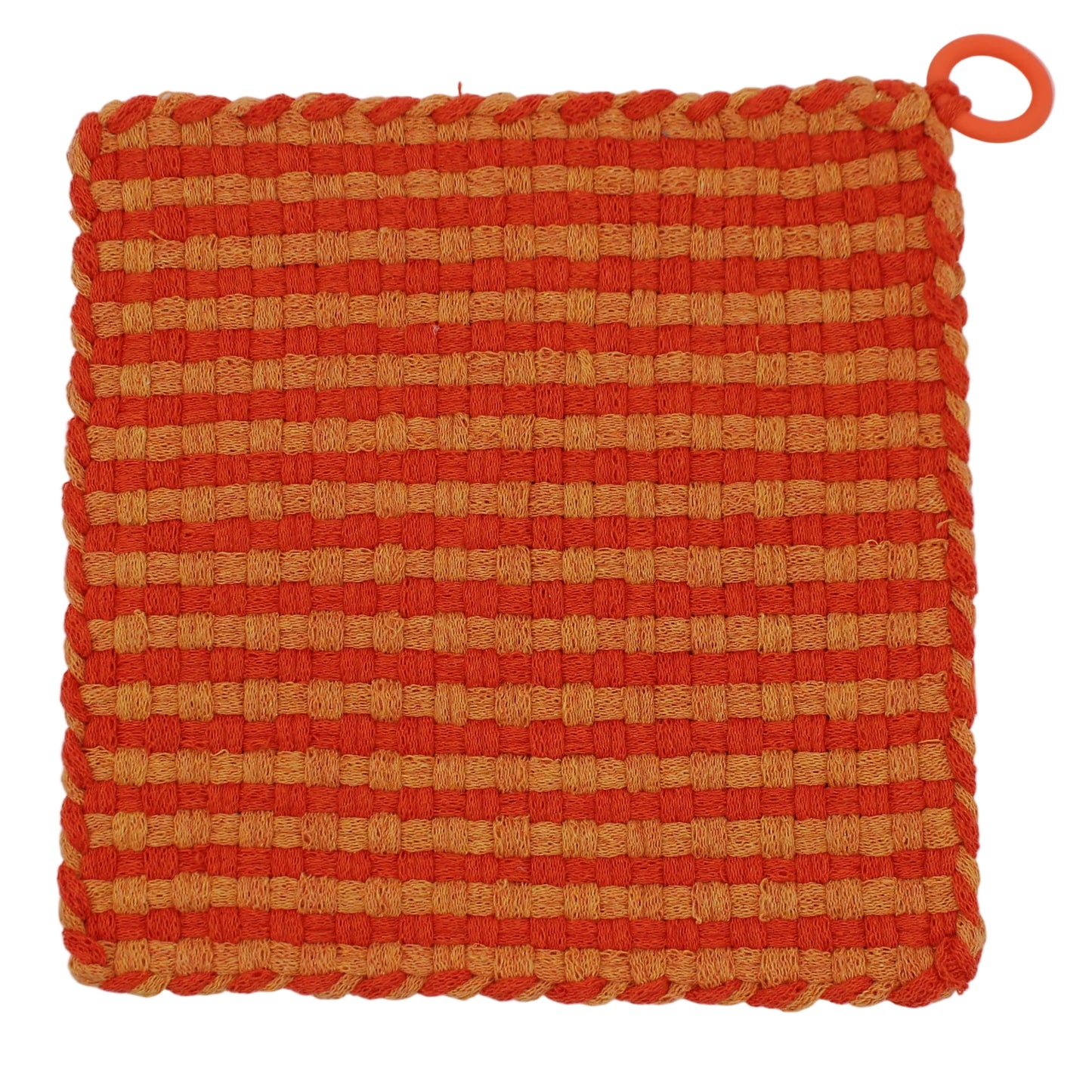 Retro Tangerine Orange Hand-Woven Potholder, Silicone Ring