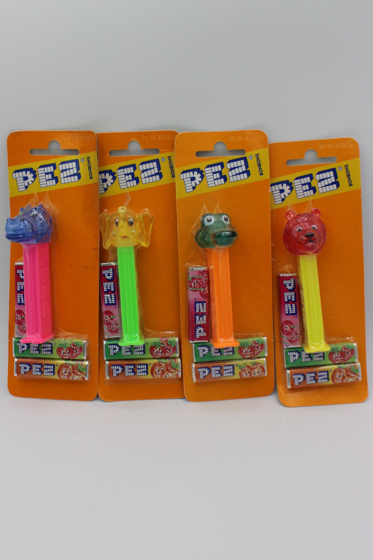 Crystal Kooky Zoo Pez, Set of 4, Lion, Hippo, Elephant & Gator, Mint on Blank Orange Bonbons Cards