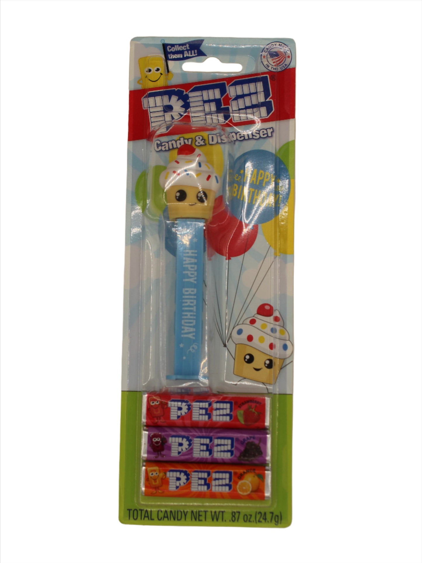 Cupcake Treats Happy Birthday Pez on Blue Stem! Mint on Card!