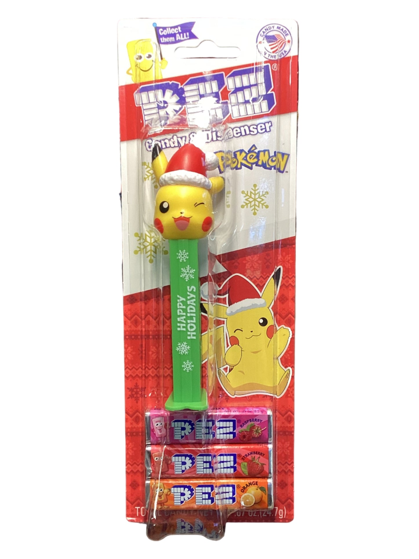 Happy Holidays Pikachu Pez With Stocking Cap and GREEN STEM, Pokemon, 2025, Loose or Mint on Card