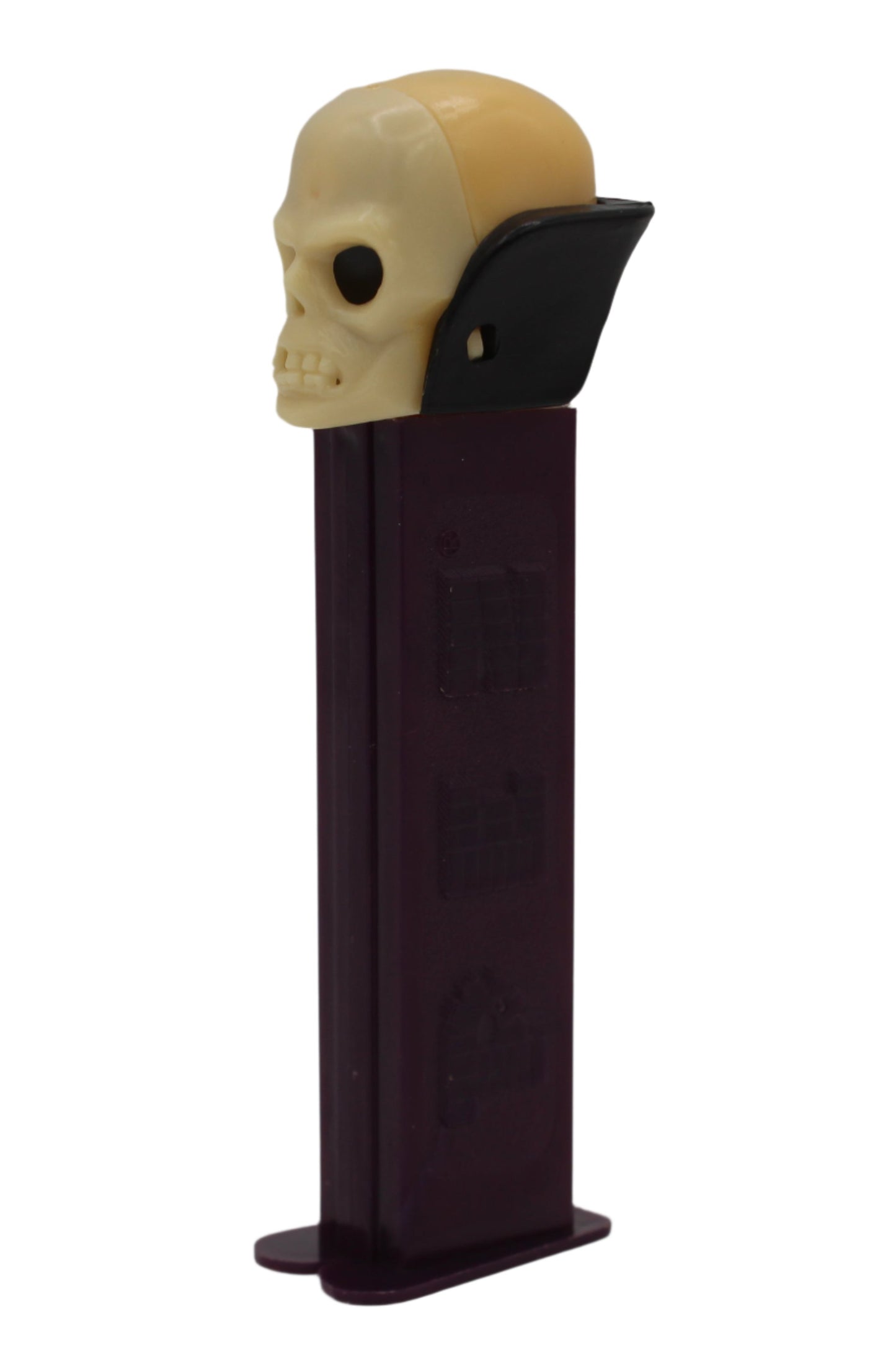 Dr Skull Pez, Skull A, Vampire Pez on Purple Stem, Thin Feet, Red Candy Pusher, Yugoslavia, Loose