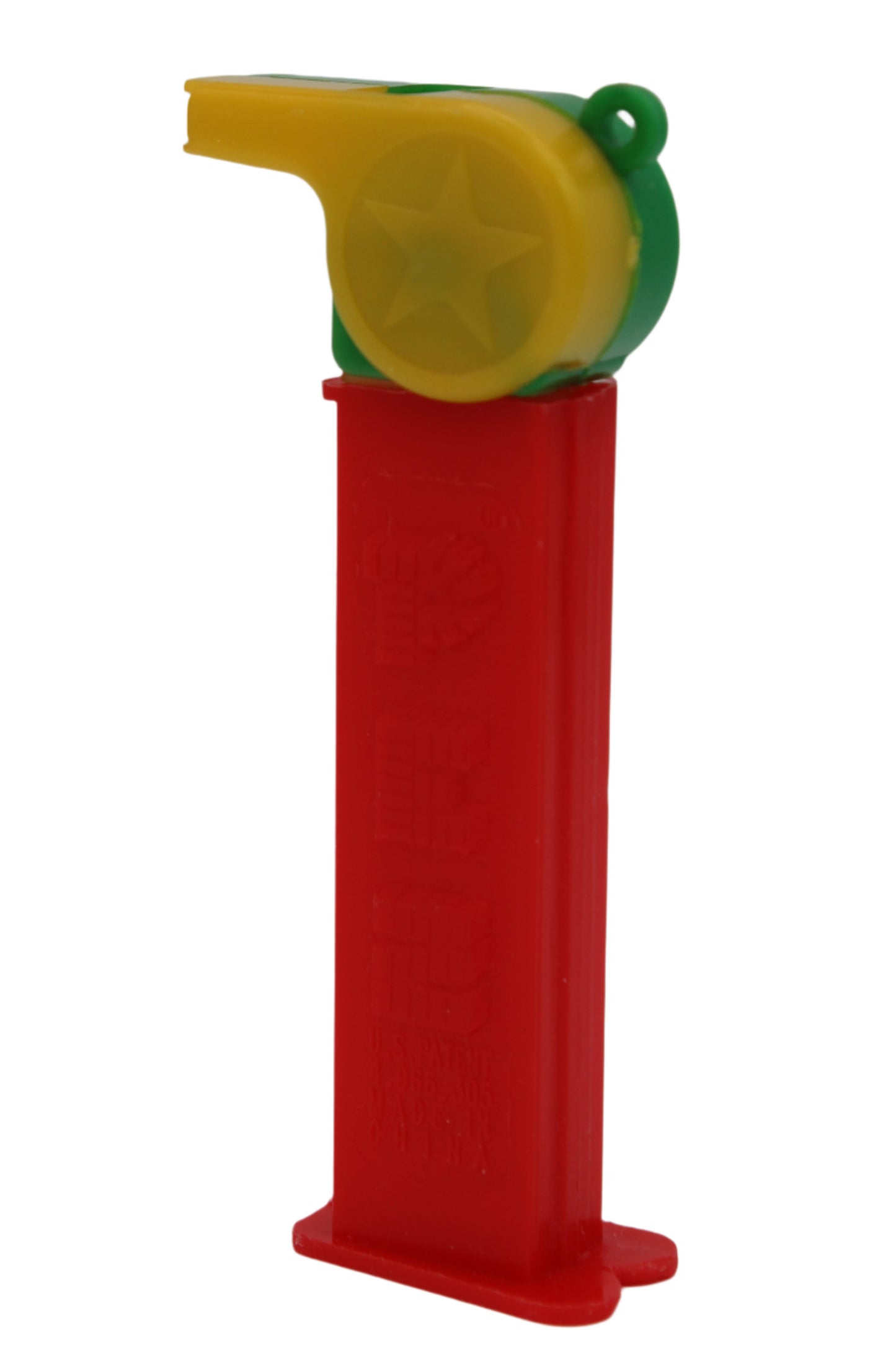 Coach Whistle Pez, Green & Yellow with Loop on Red Stem, Loose