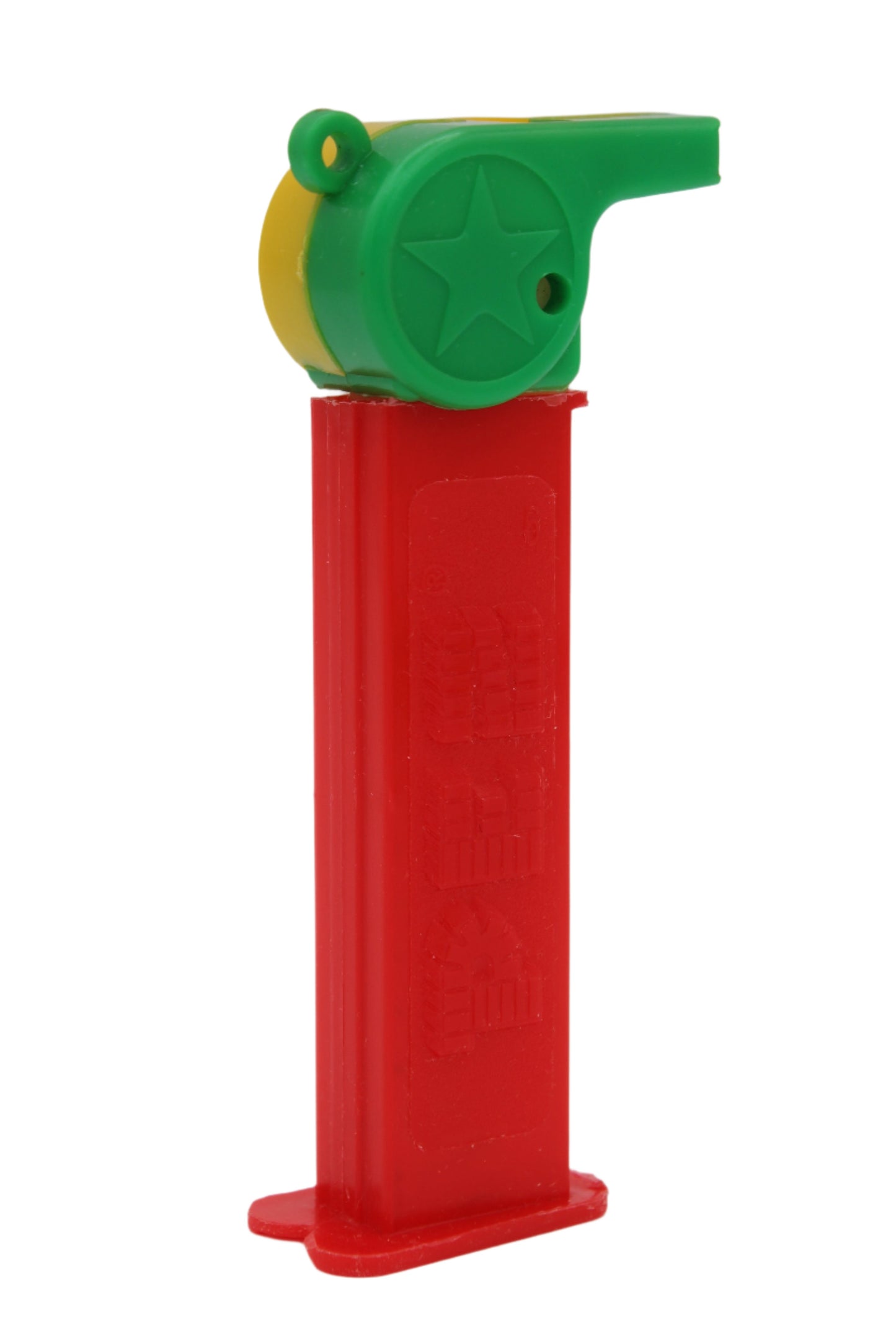 Coach Whistle Pez, Green & Yellow with Loop on Red Stem, Loose