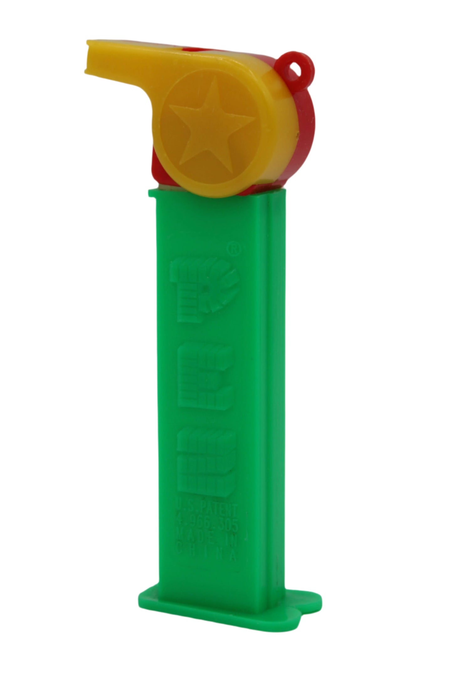 Coach Whistle Pez, Red & Yellow with Loop on Green Stem, Loose