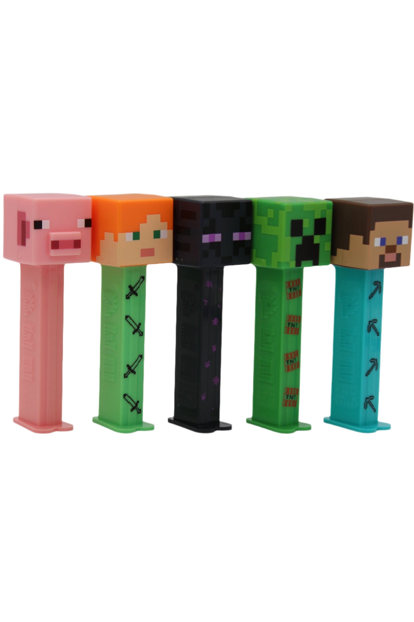 Minecraft Pez, Complete Set of 4 Characters Steve, Creeper, Alex and Enderman PLUS Reuben Pig, Loose