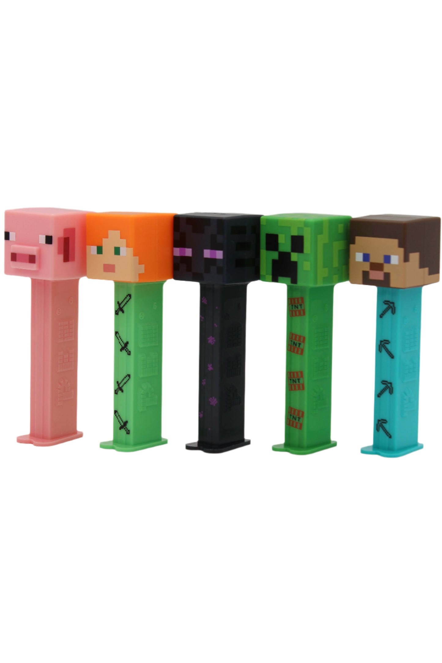 Minecraft Pez, Complete Set of 4 Characters Steve, Creeper, Alex and Enderman PLUS Reuben Pig, Loose