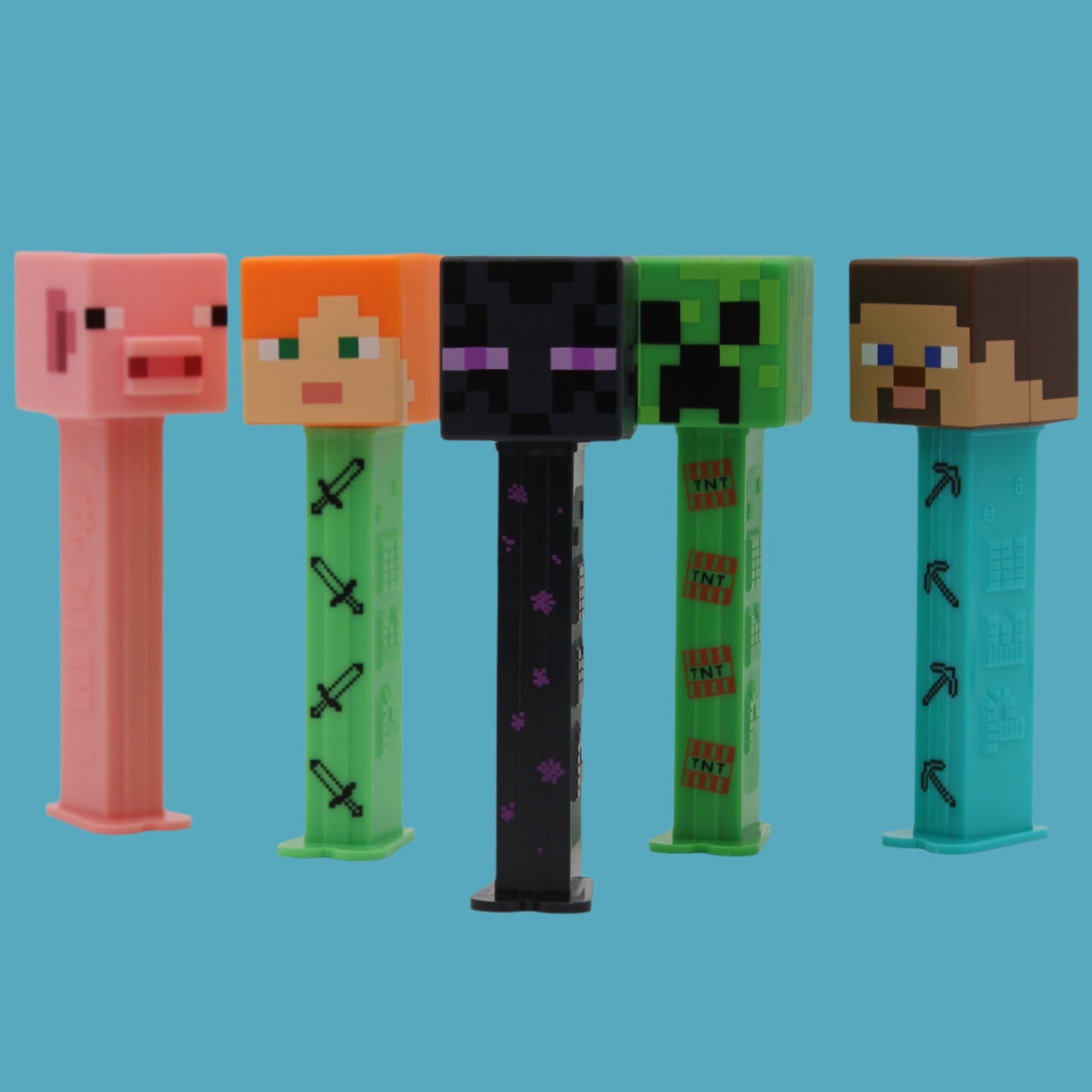 Minecraft Pez, Complete Set of 4 Characters Steve, Creeper, Alex and Enderman PLUS Reuben Pig, Loose