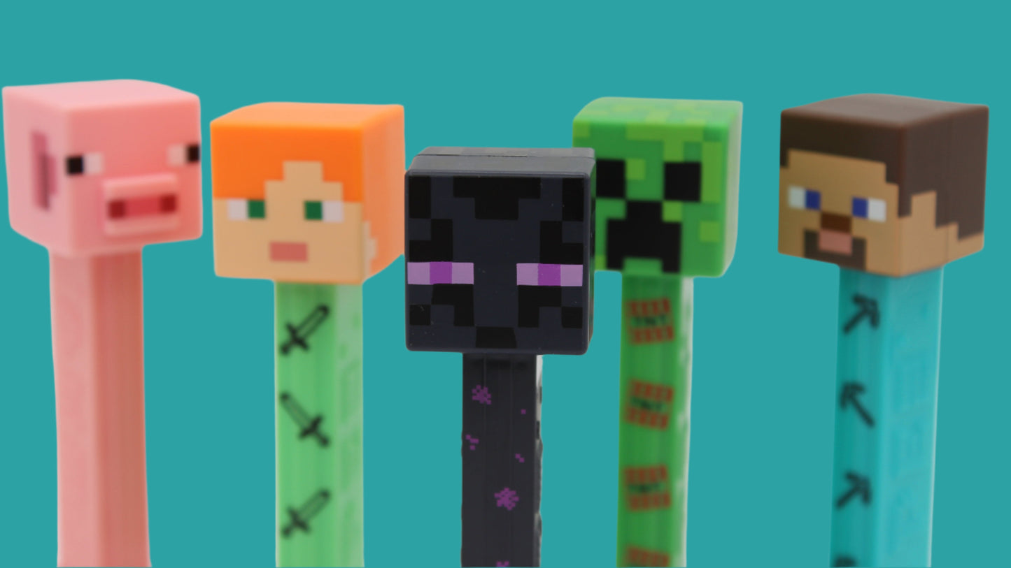 Minecraft Pez, Complete Set of 4 Characters Steve, Creeper, Alex and Enderman PLUS Reuben Pig, Loose