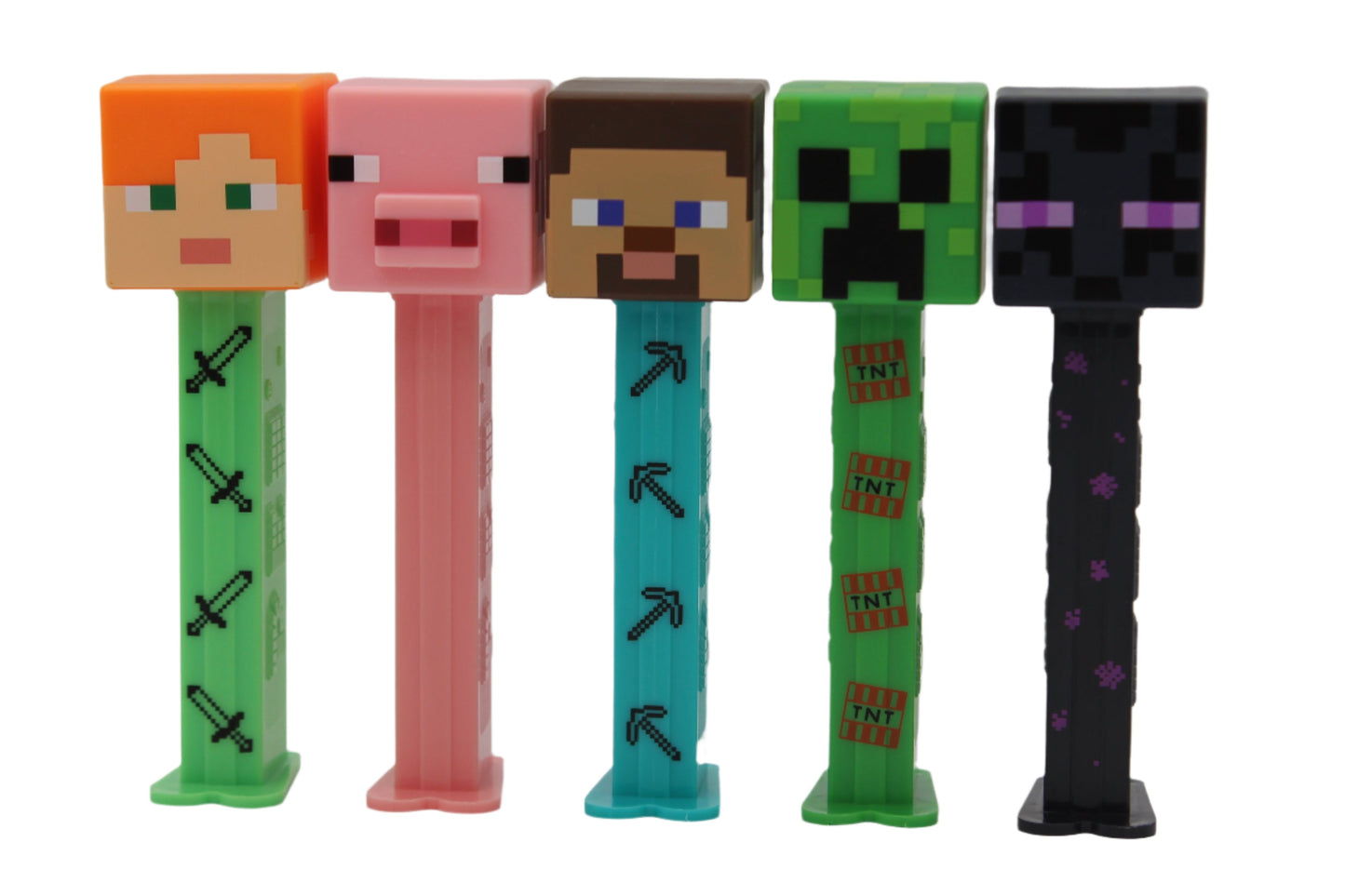 Minecraft Pez, Complete Set of 4 Characters Steve, Creeper, Alex and Enderman PLUS Reuben Pig, Loose