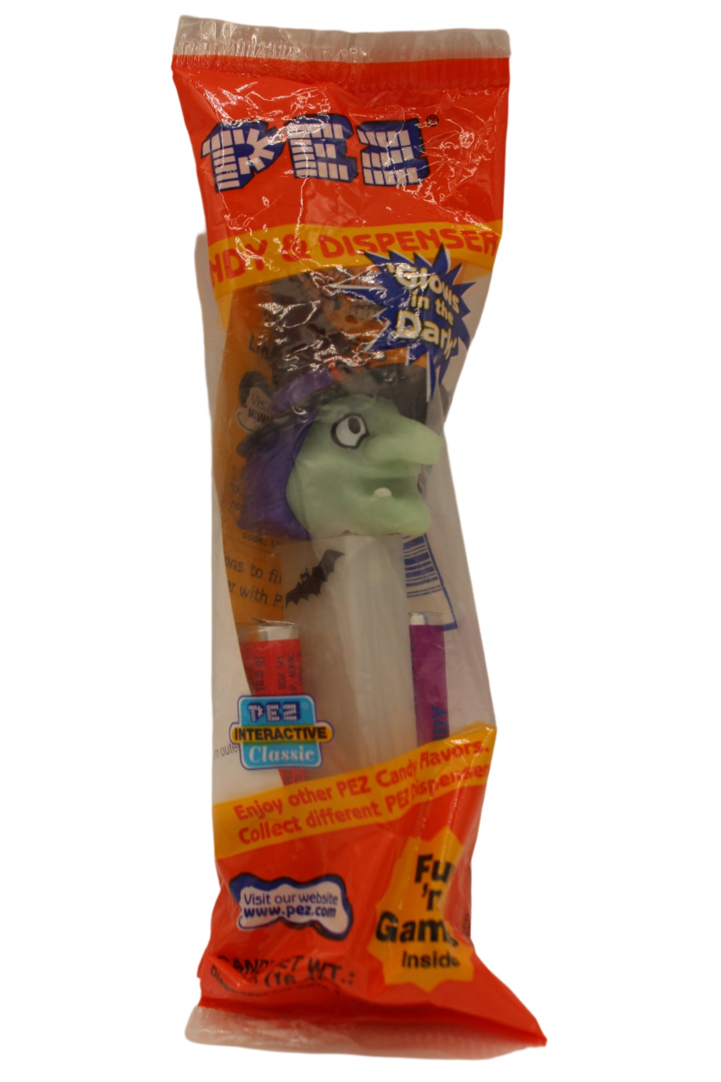 Witch Pez on Glow in the Dark Stem with Bats, 2003, Slovenia, LOOSE OR MINT IN BAG!