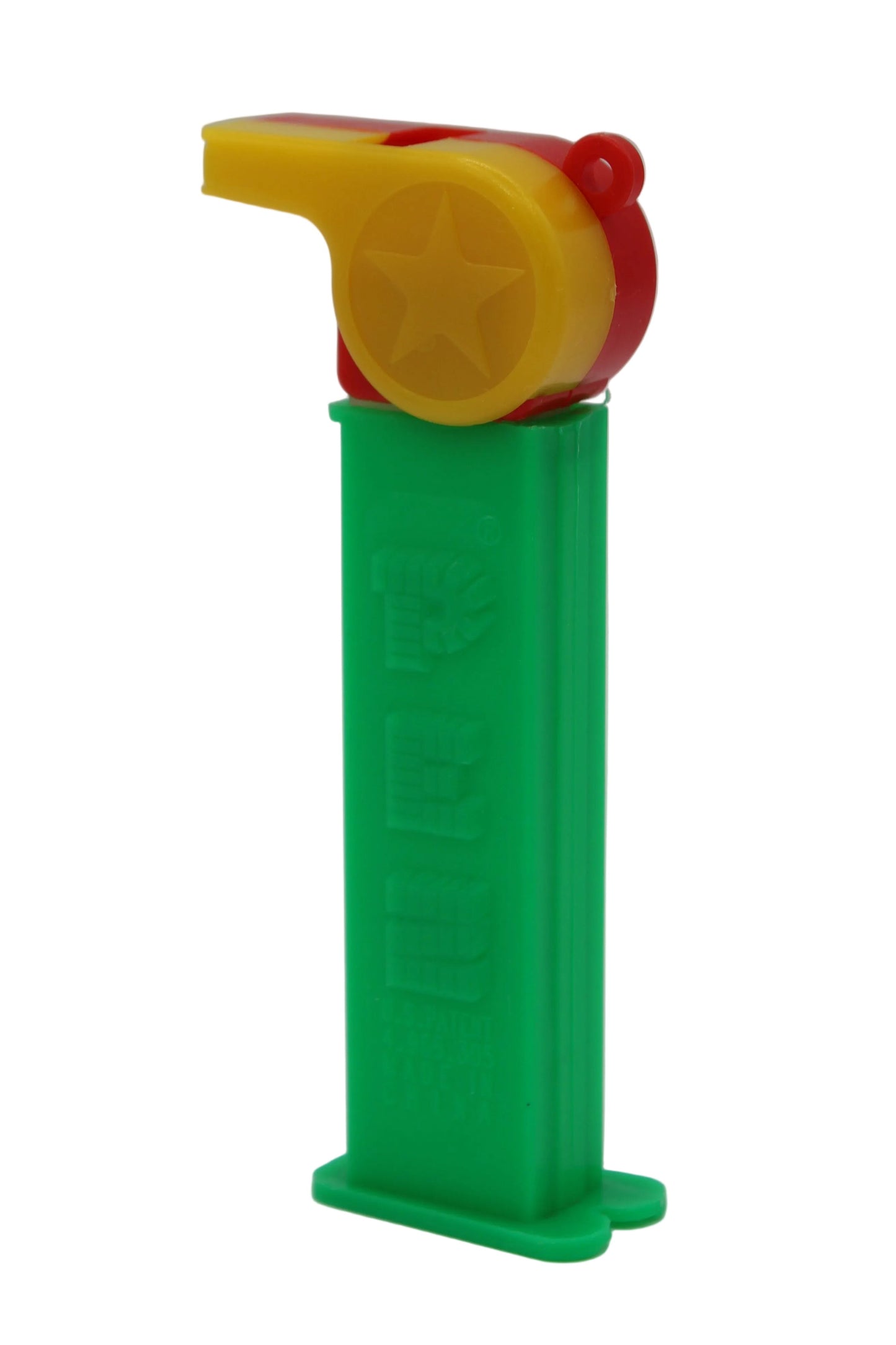 Pez silbato de entrenador, rojo y amarillo con lazo rojo en tallo verde, suelto