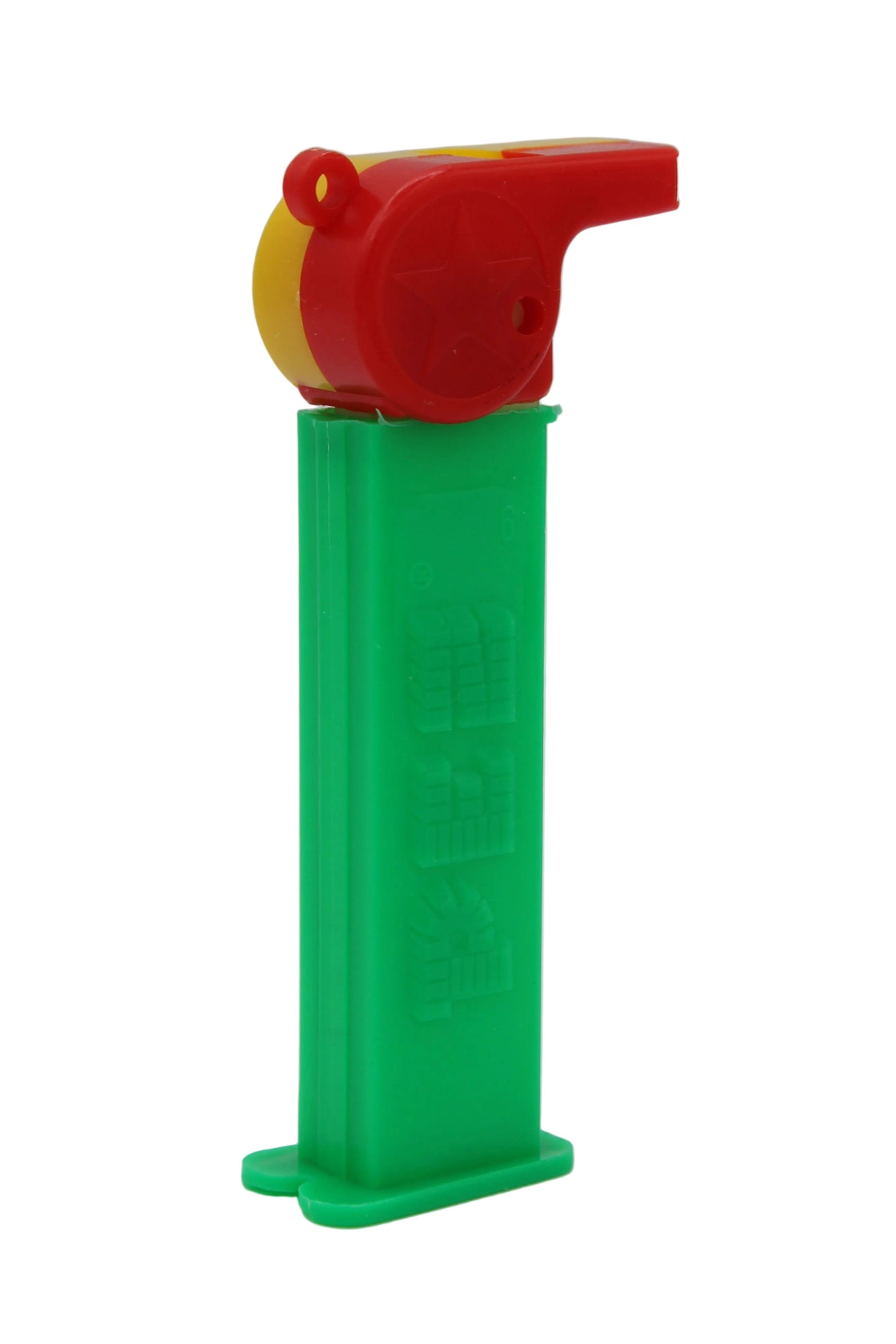 Pez silbato de entrenador, rojo y amarillo con lazo rojo en tallo verde, suelto