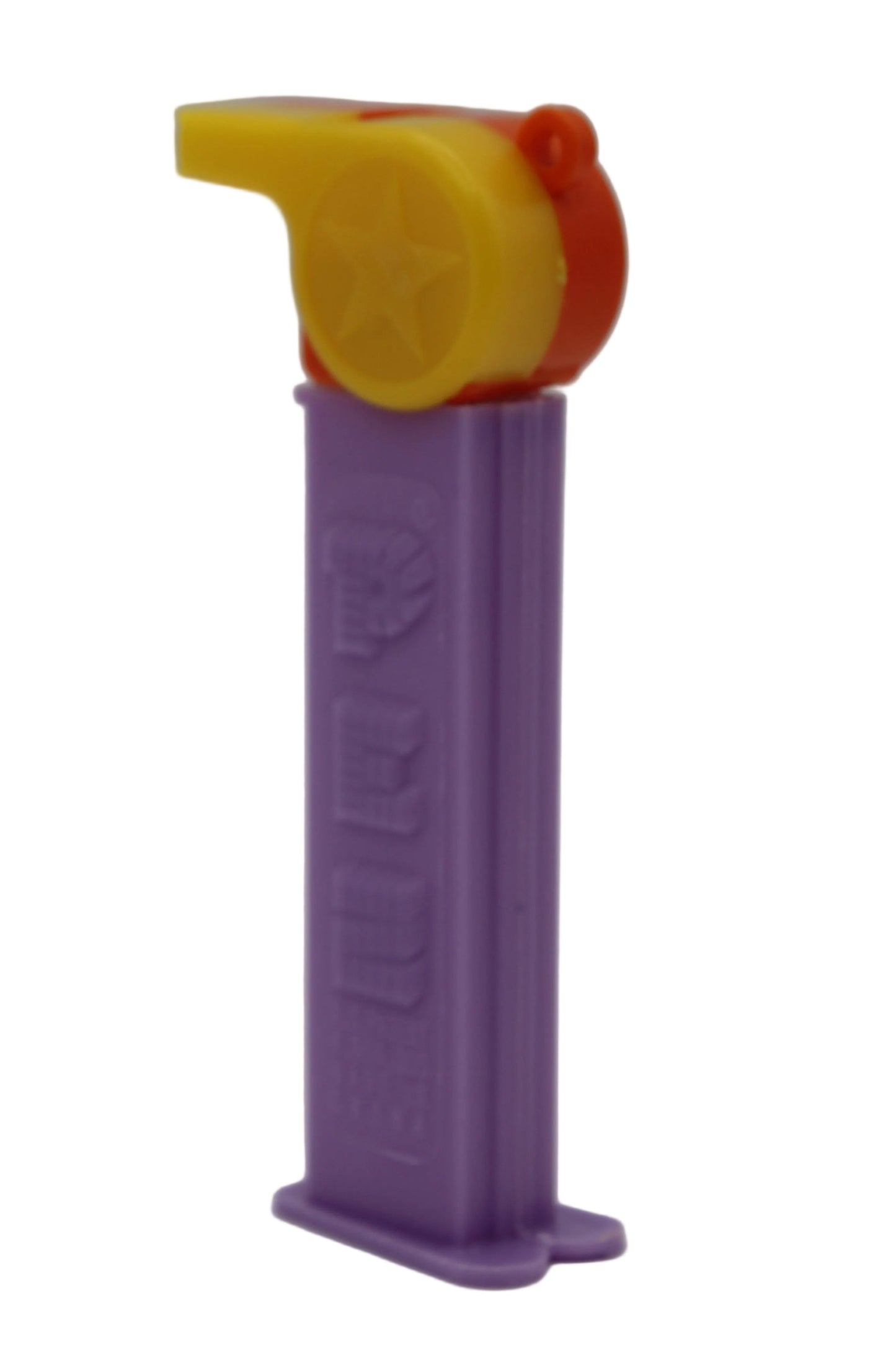 Coach Whistle Pez, Orange & Yellow with Orange Loop on Purple Stem, Loose