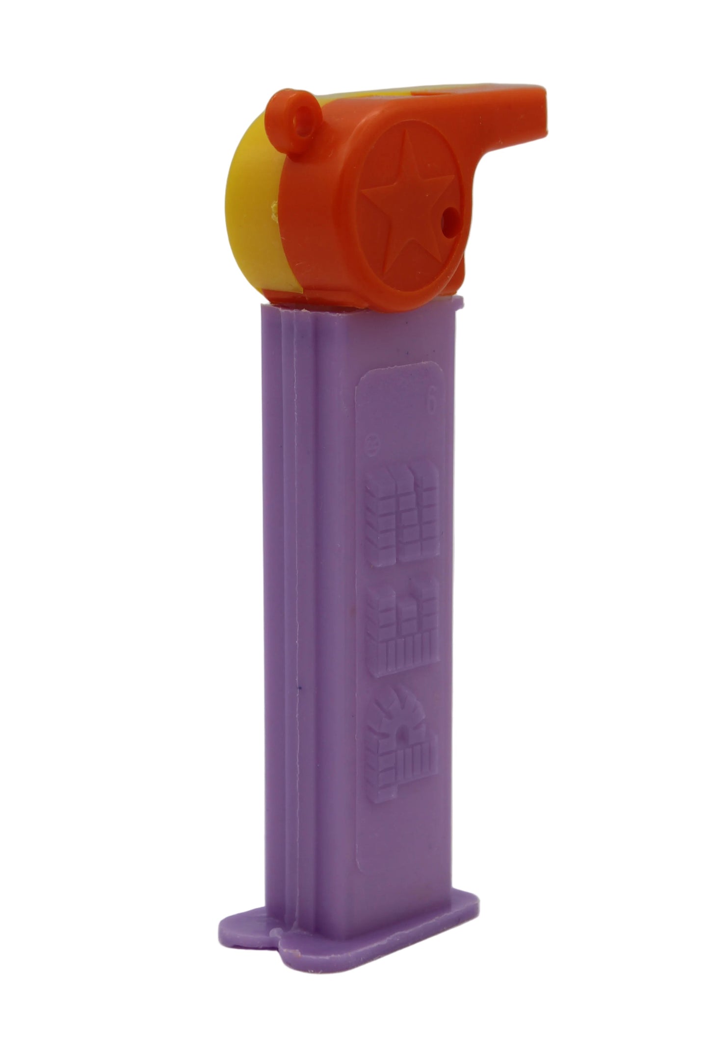 Coach Whistle Pez, Orange & Yellow with Orange Loop on Purple Stem, Loose
