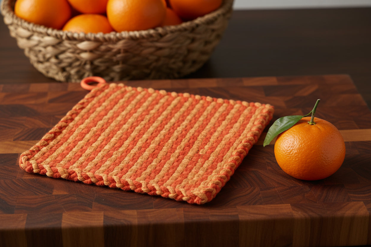 Manique rétro tissé à la main, orange mandarine, anneau en silicone