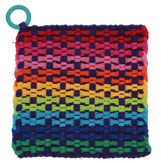 Technicolor Hand-Woven Potholder, Wooden Ring