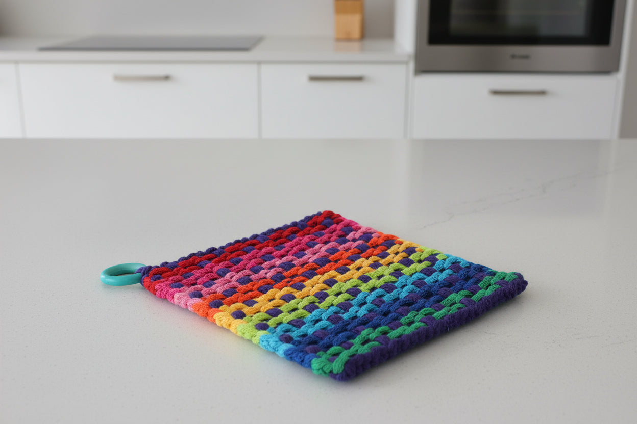 Manique tissée à la main multicolore, anneau en bois