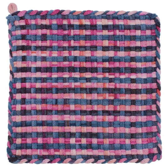 Pink Madras Check Hand-Woven Potholder, Premium Loops, No Ring