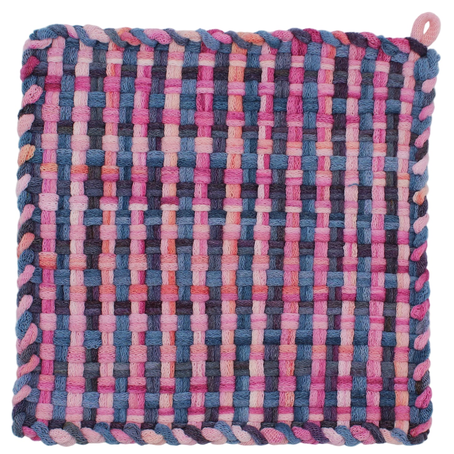 Pink Madras Check Hand-Woven Potholder, Premium Loops, No Ring