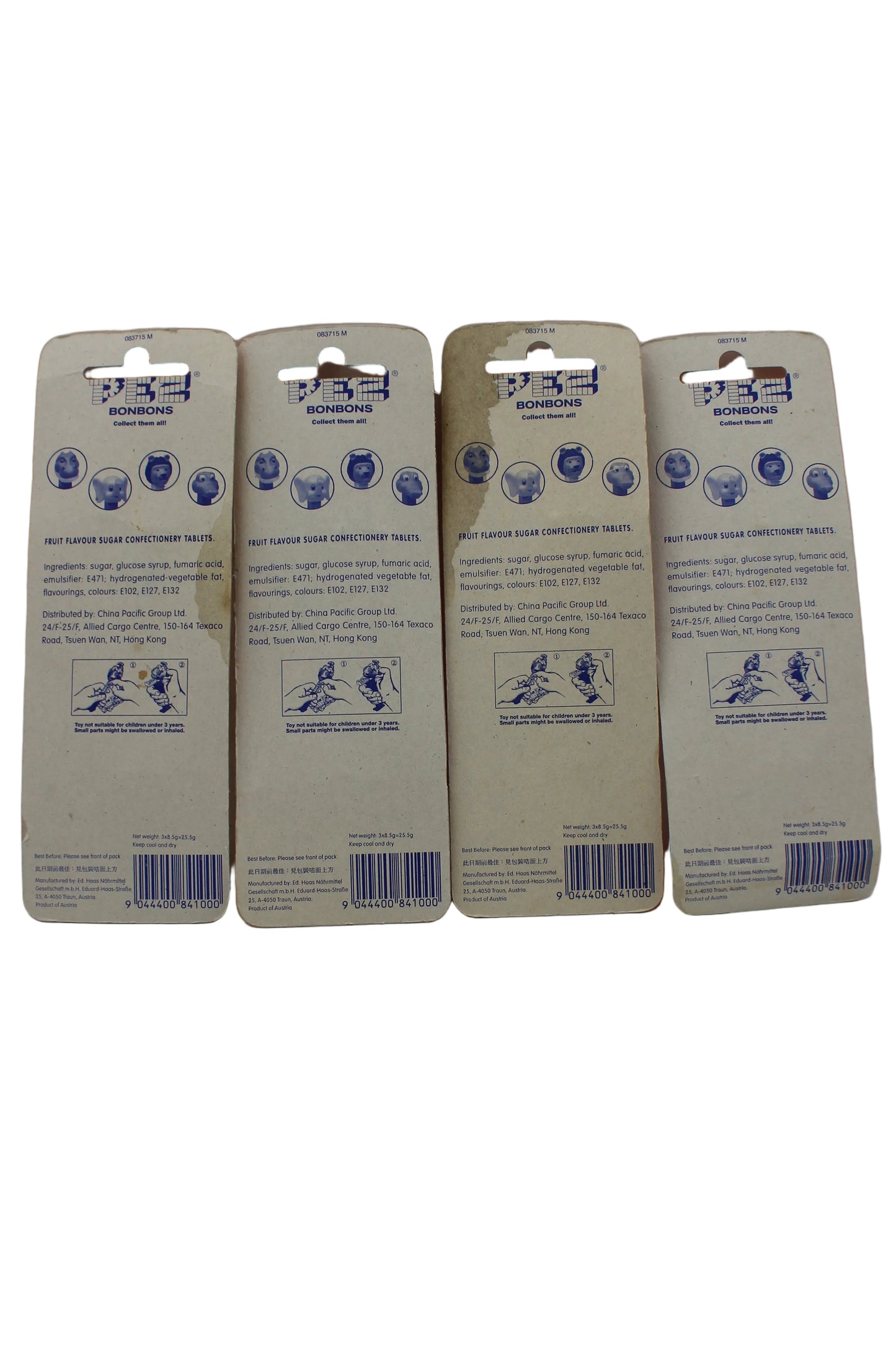 Crystal Kooky Zoo Pez, Set of 4, Lion, Hippo, Elephant & Gator, Mint on Blank Orange Bonbons Cards