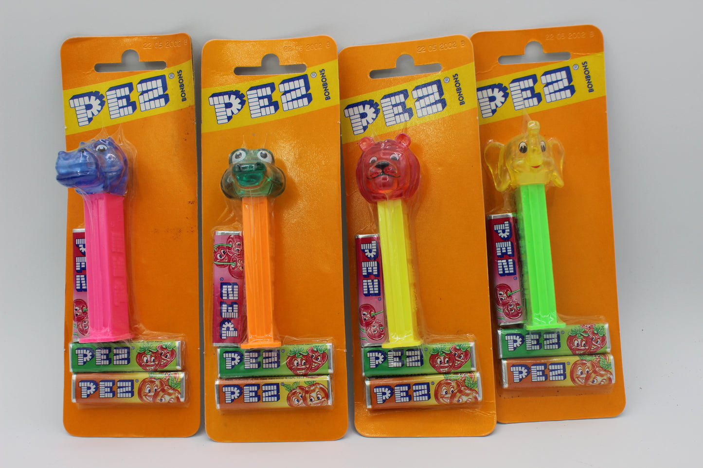 Crystal Kooky Zoo Pez, Set of 4, Lion, Hippo, Elephant & Gator, Mint on Blank Orange Bonbons Cards