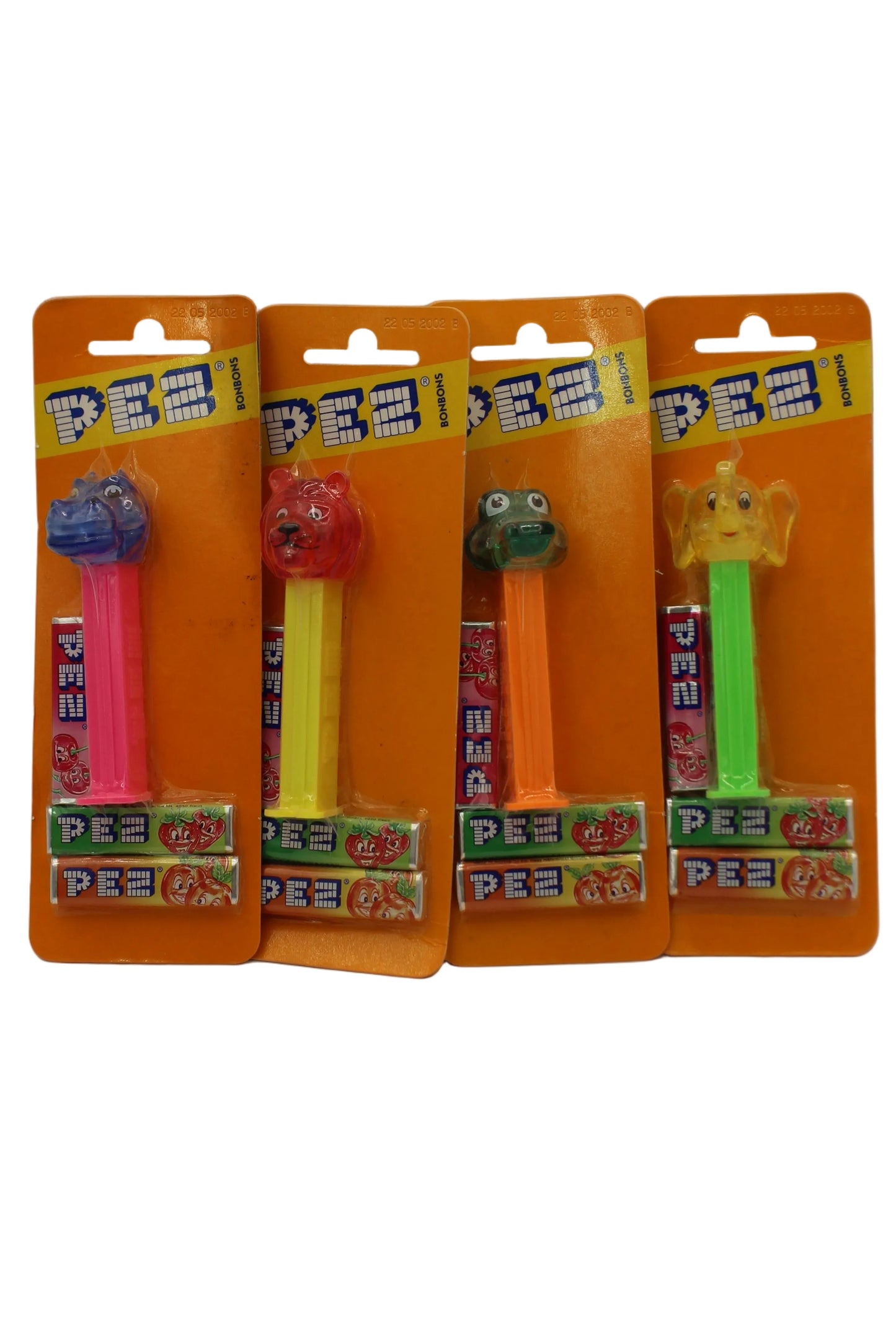 Crystal Kooky Zoo Pez, Set of 4, Lion, Hippo, Elephant & Gator, Mint on Blank Orange Bonbons Cards