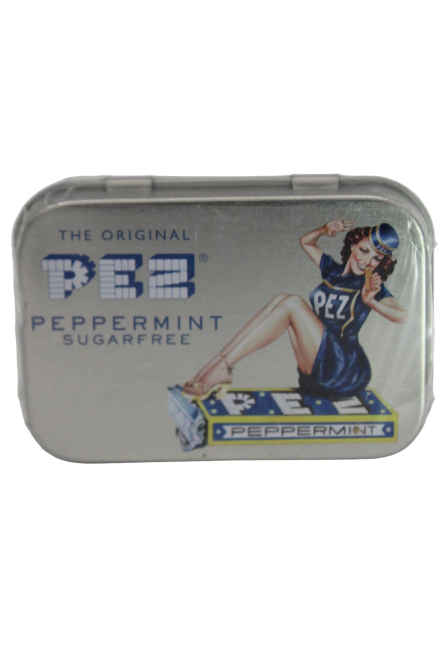 Blue & White Brunette Presenter Girl Pez Peppermint Candy Pocket Tin with Retro Styling