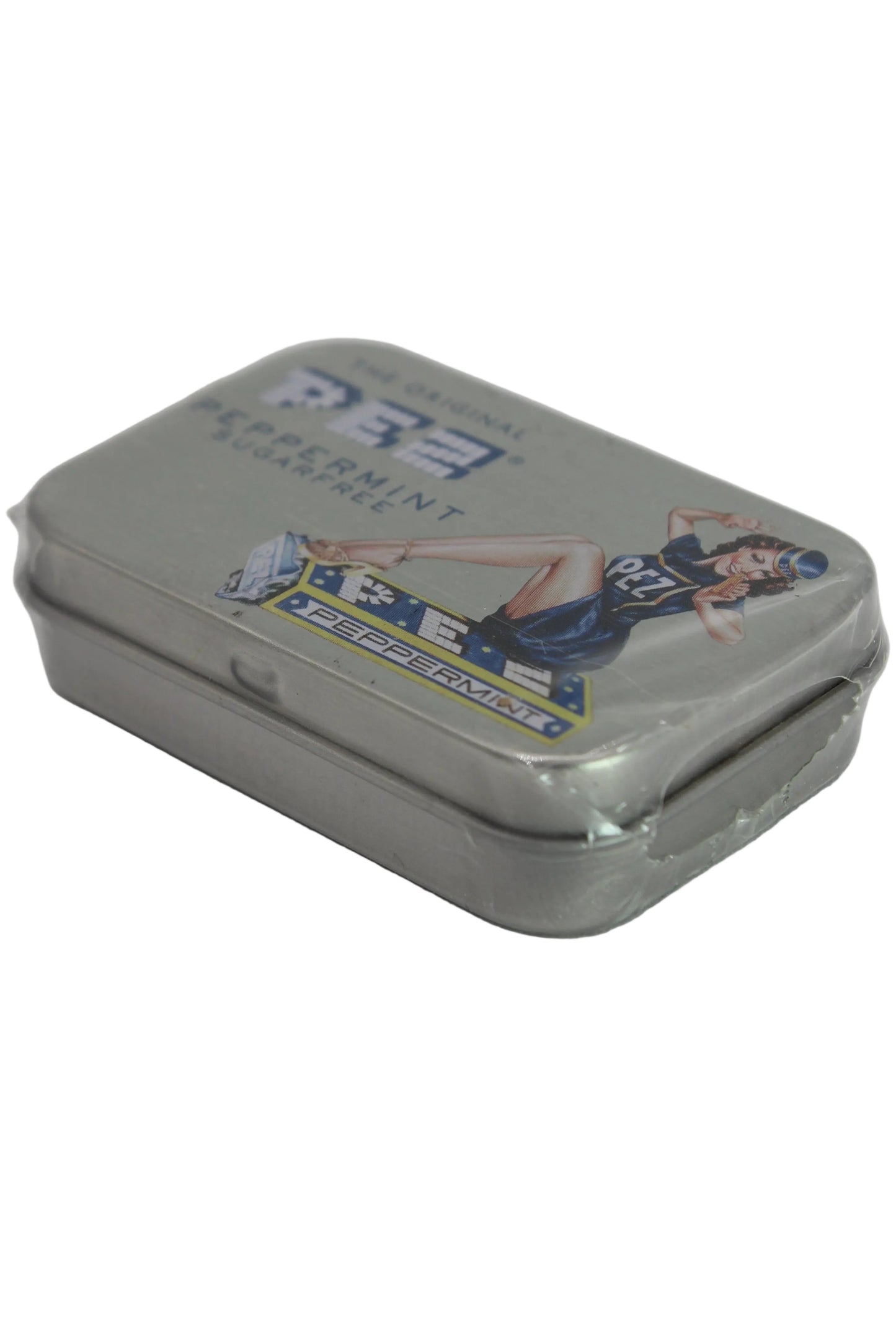 Blue & White Brunette Presenter Girl Pez Peppermint Candy Pocket Tin with Retro Styling