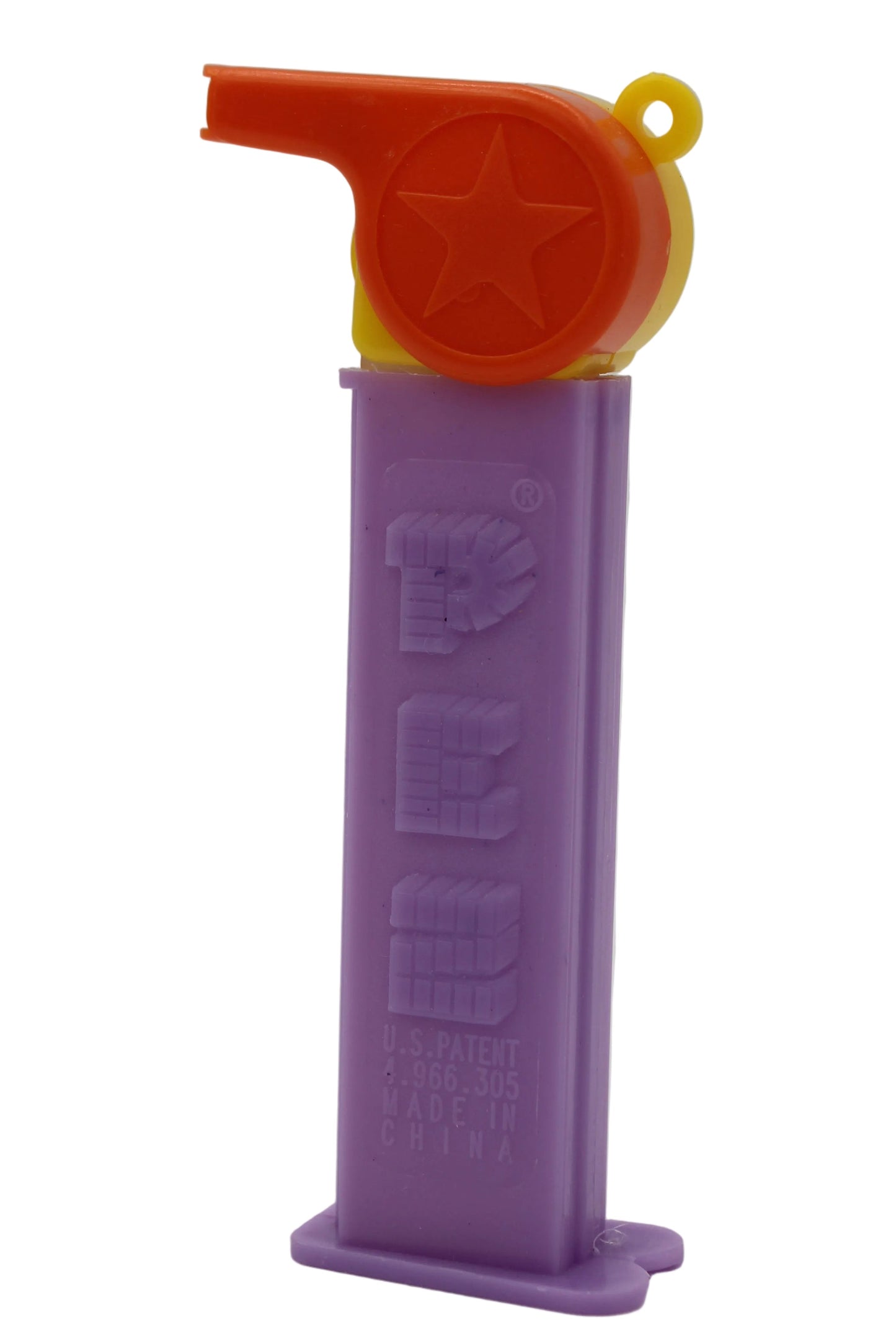 Silbato Pez, naranja y amarillo con asa naranja en tallo morado, suelto