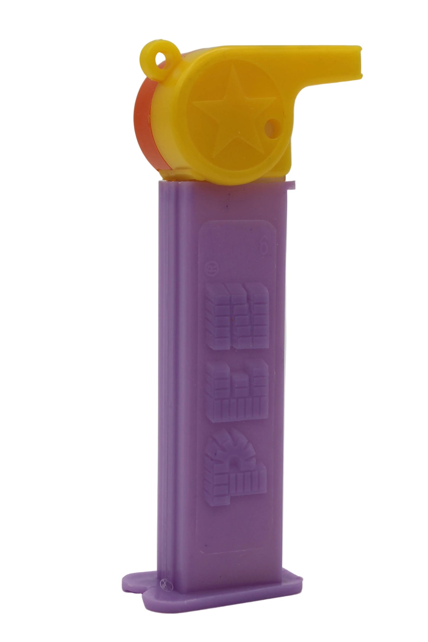 Silbato Pez, naranja y amarillo con asa naranja en tallo morado, suelto
