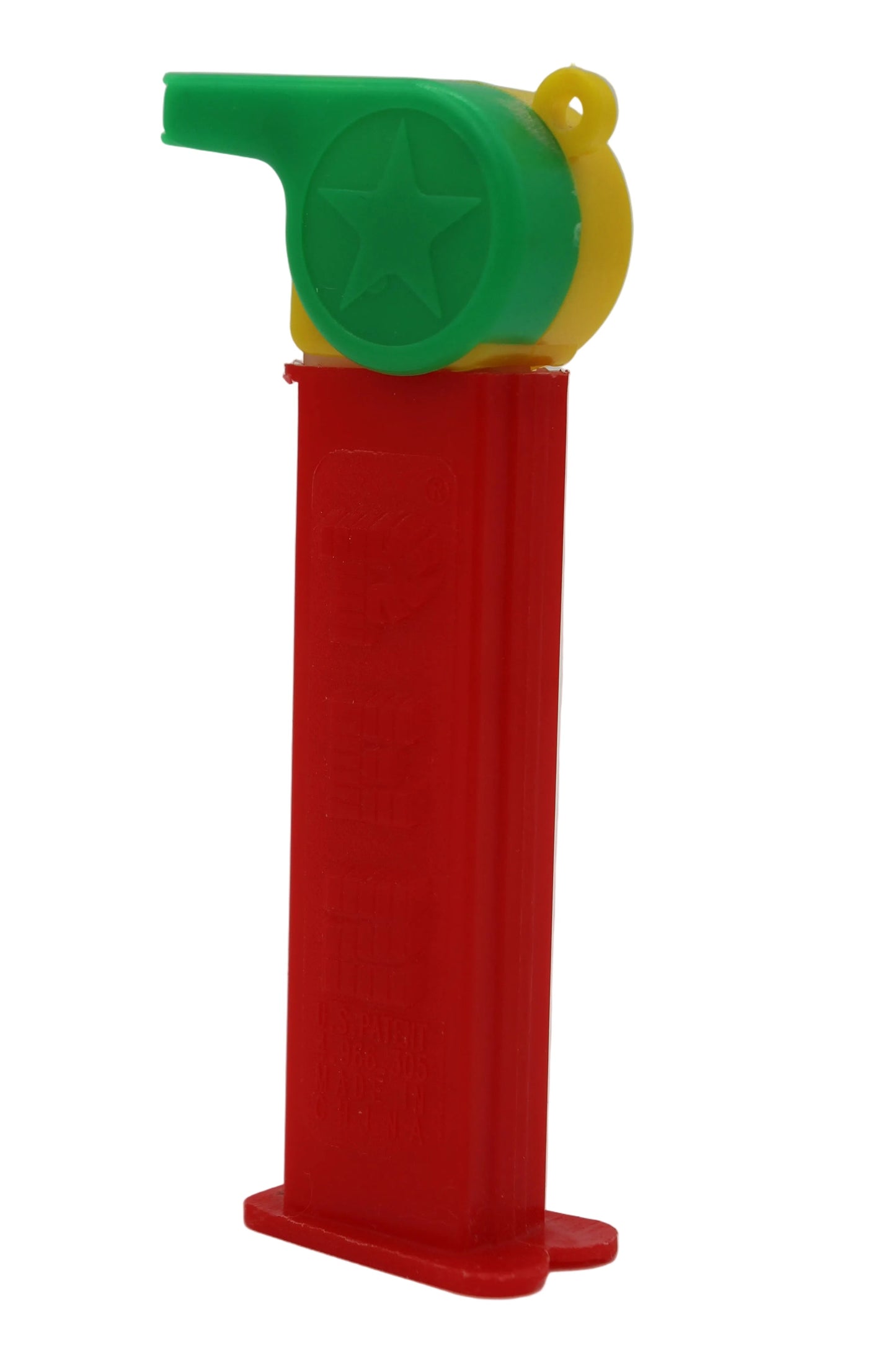 Pez silbato de entrenador, rojo y amarillo con lazo rojo en tallo verde, suelto