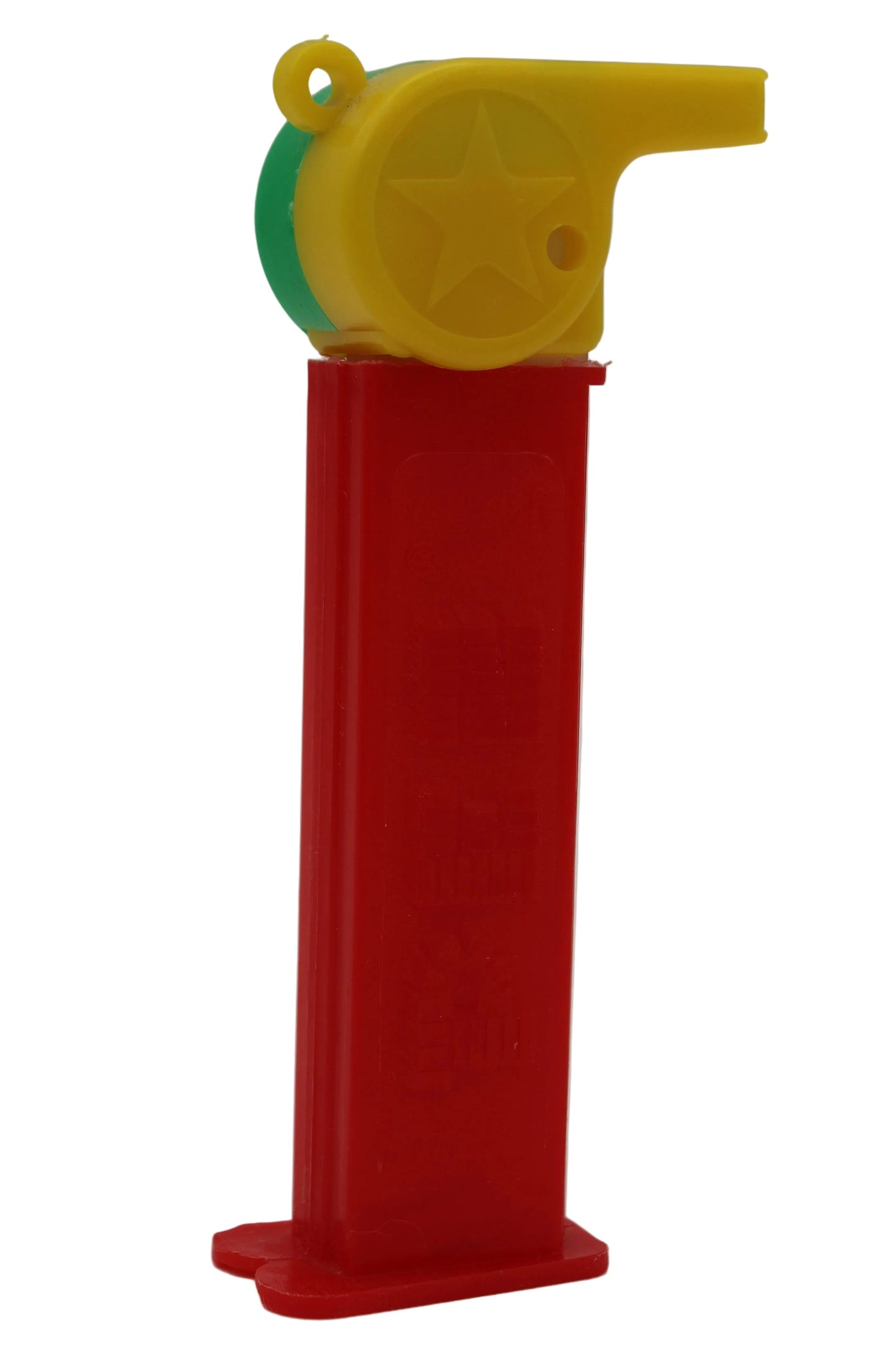 Pez silbato de entrenador, rojo y amarillo con lazo rojo en tallo verde, suelto