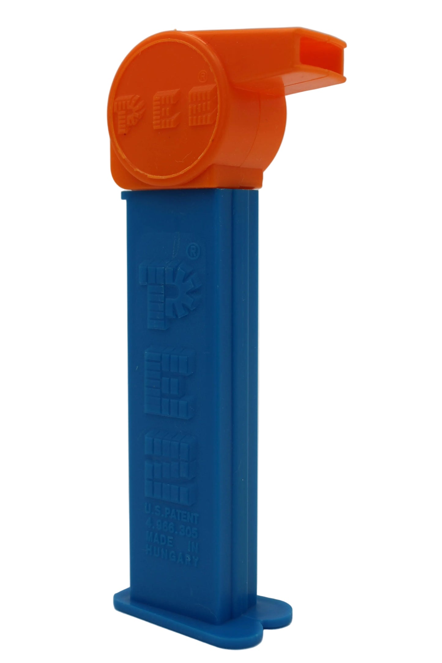 Coach Whistle Pez, Orange with No Loop on Blue Stem, 2004 Hungary 4.9, Loose