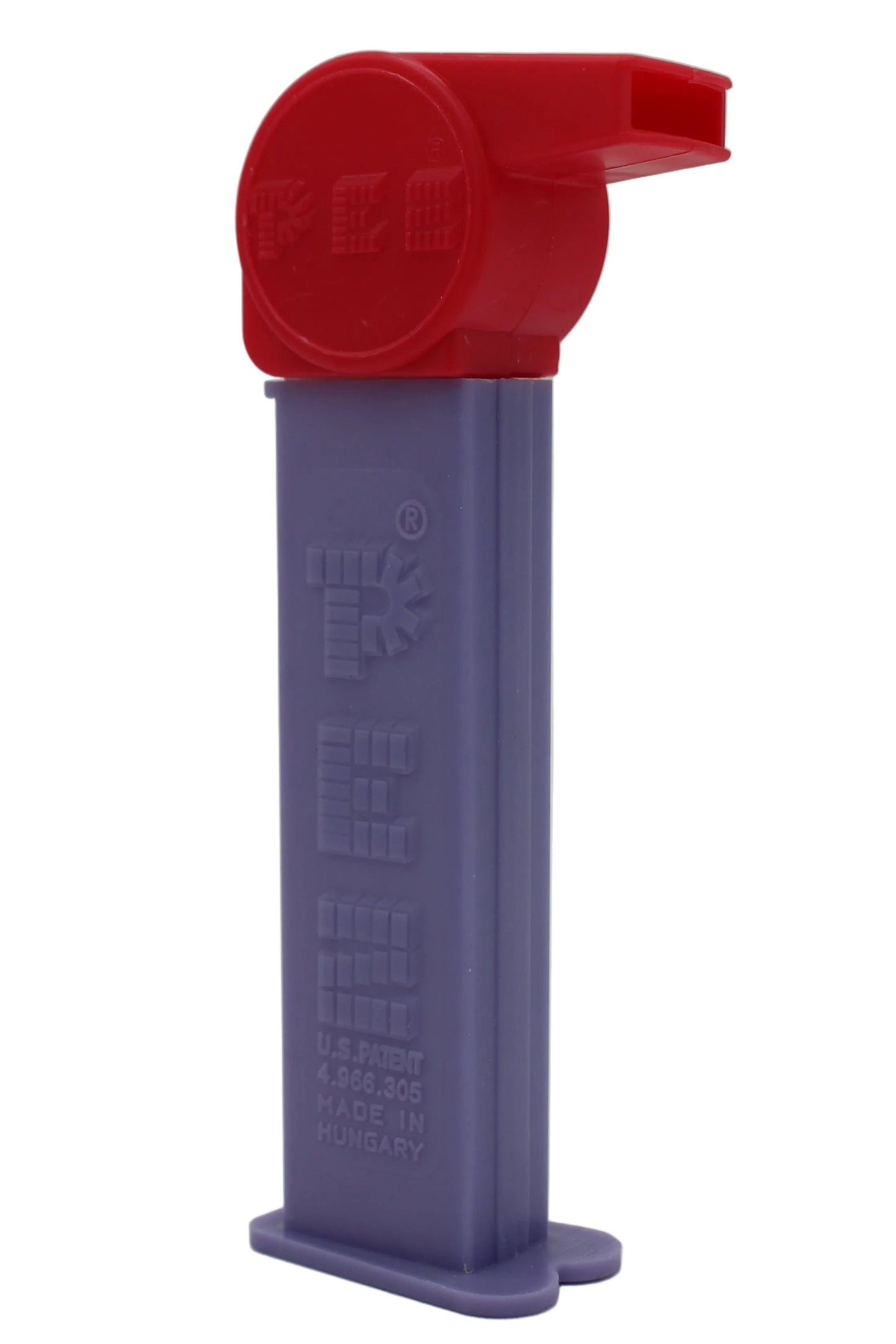 Coach Whistle Pez, Dark Pink with No Loop on Light Purple Stem, 2004 Hungary 4.9, Loose