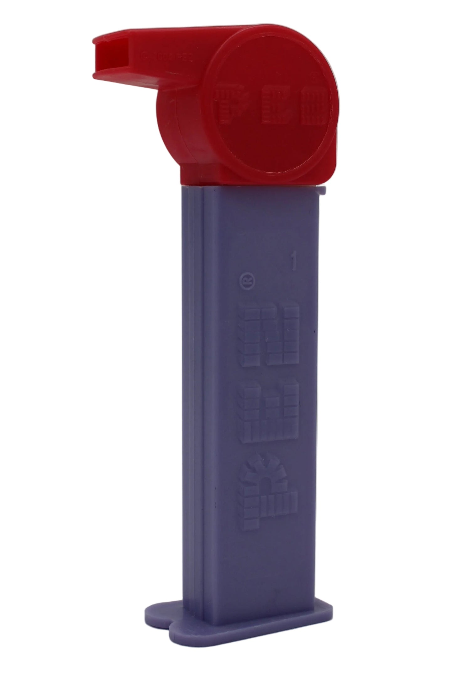 Coach Whistle Pez, Dark Pink with No Loop on Light Purple Stem, 2004 Hungary 4.9, Loose